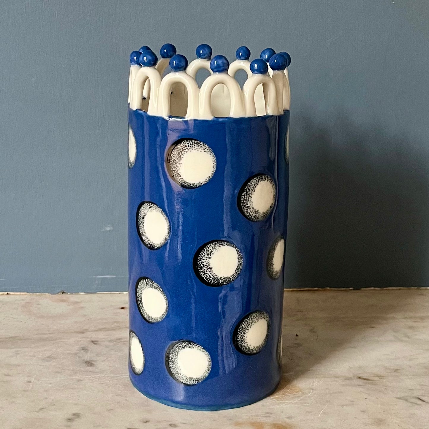 Royal Blue with White Orbs Lady with White Looped Crown