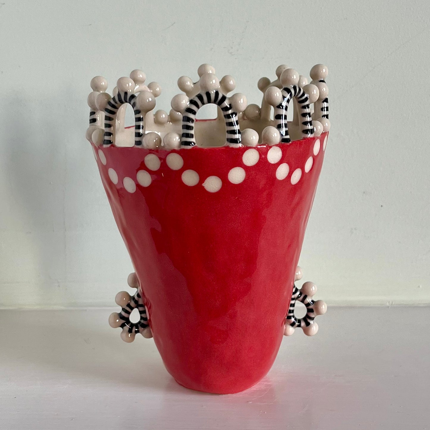White Spots on Red with a Black and White Pearly Ball Looped Crown