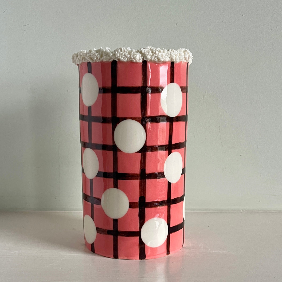 Large Pink and Brown Grid Vase with Fur Hood and Crown