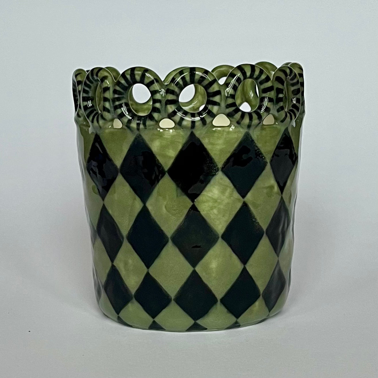 Porcelain Cactus Green and Black Checked Head Pot with Stripy Green and Black Ring Topped Crown