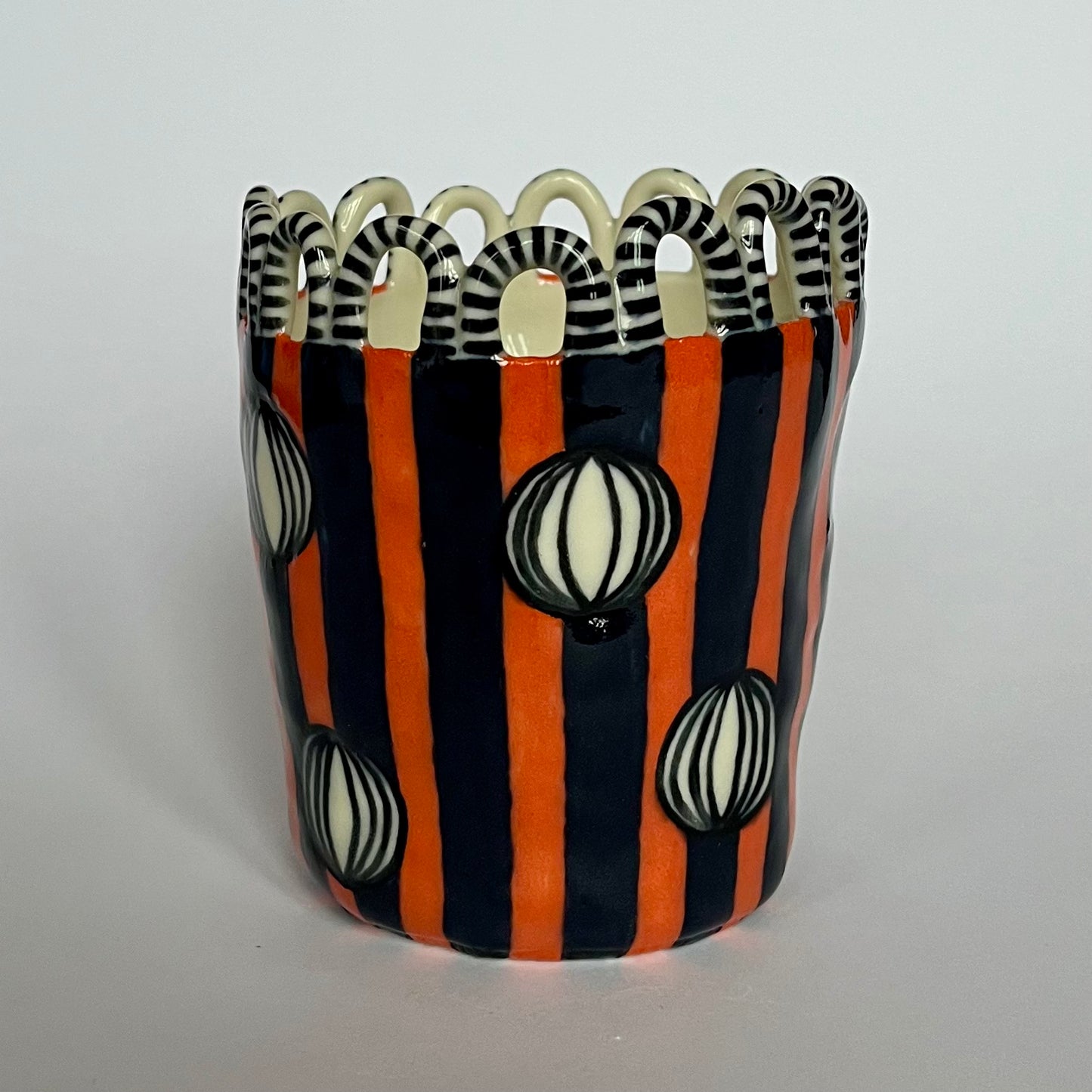 Porcelain Orange and Blue Stripes with Painted Baubles and Stripy Looped Crown