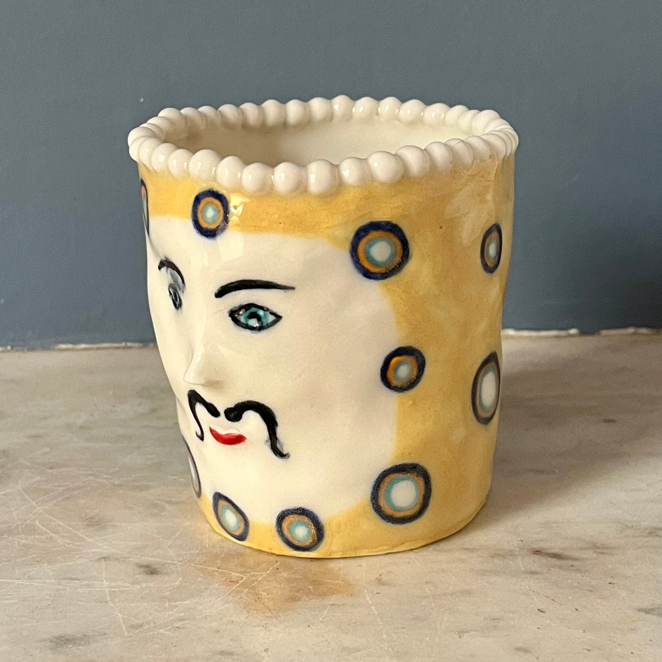 Honeydew Yellow with White Spots, Moustache and a Pearly Topped Crown