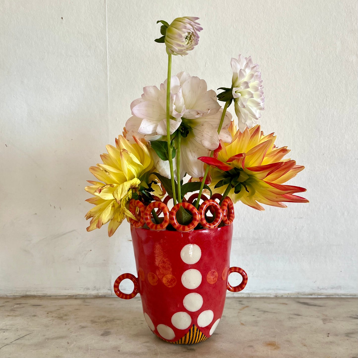 White Dots on Red Lady with Orange Stripy Rings