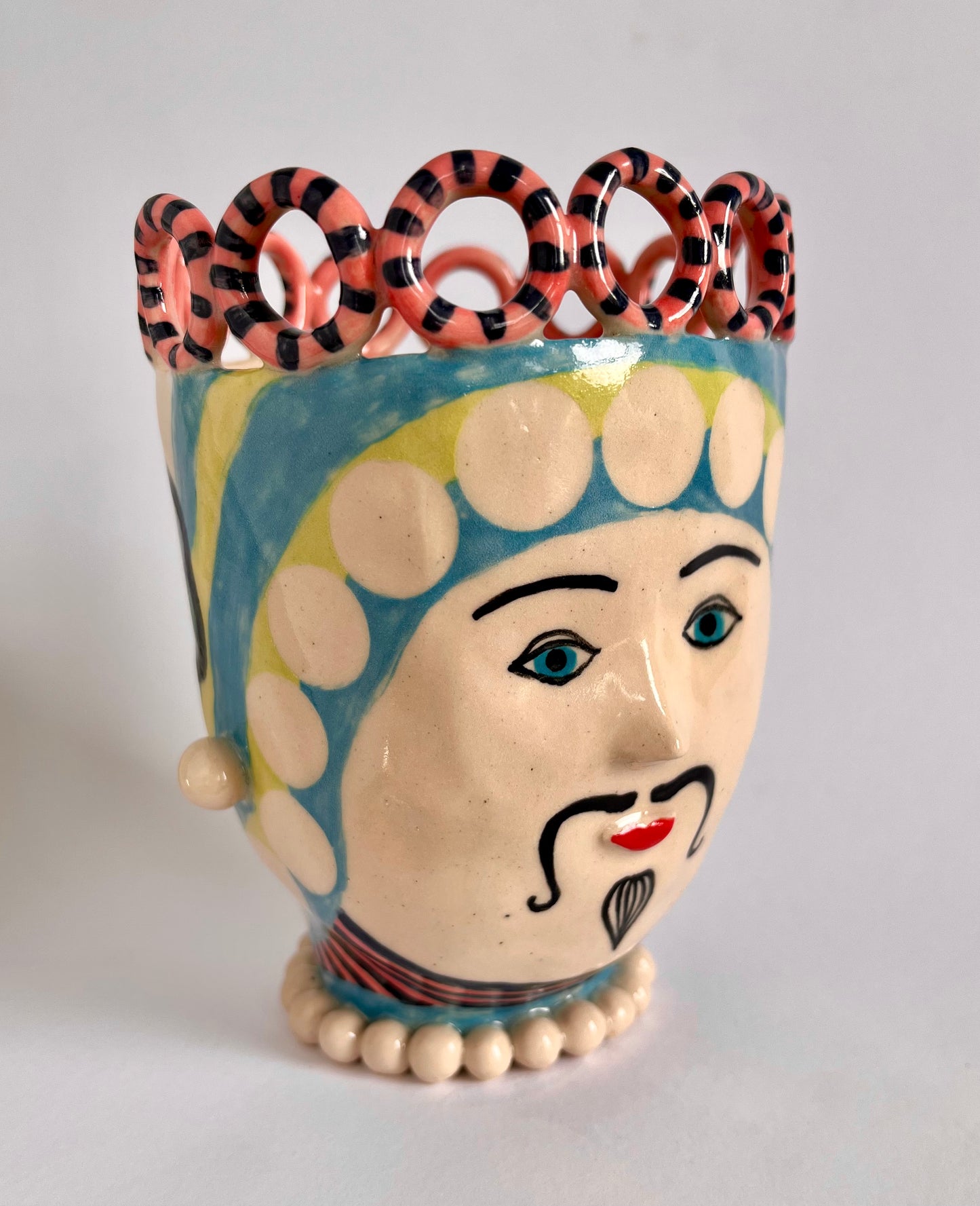 White Dots on Turquoise Man with Pink Stripy Rings