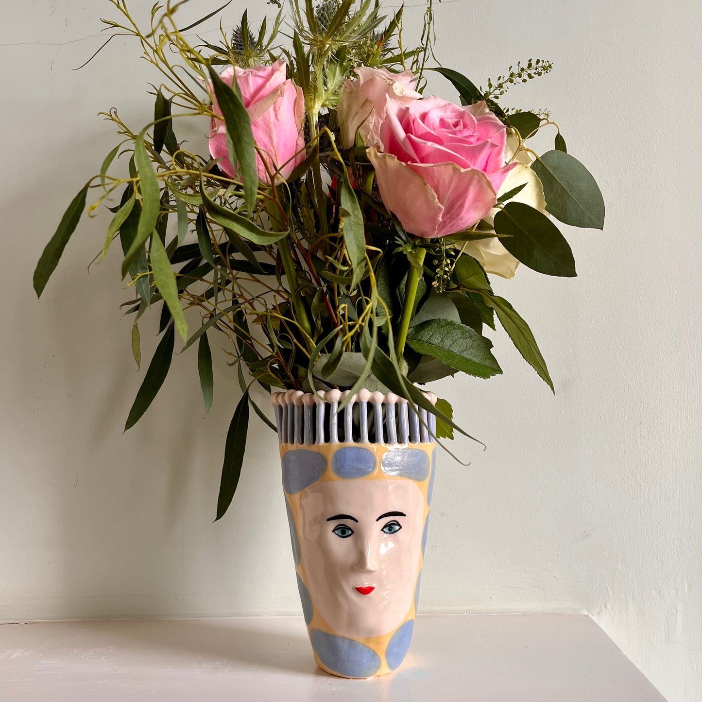Tall Blue Bean Lady with Matchstick Crown