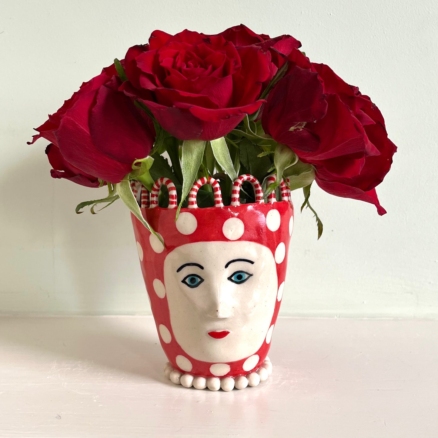 White Spots on Red Lady with Red Stripy Hoops