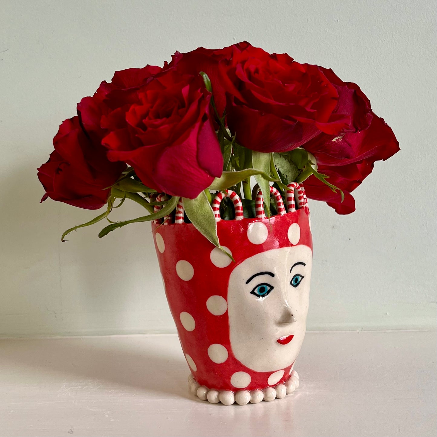 White Spots on Red Lady with Red Stripy Hoops