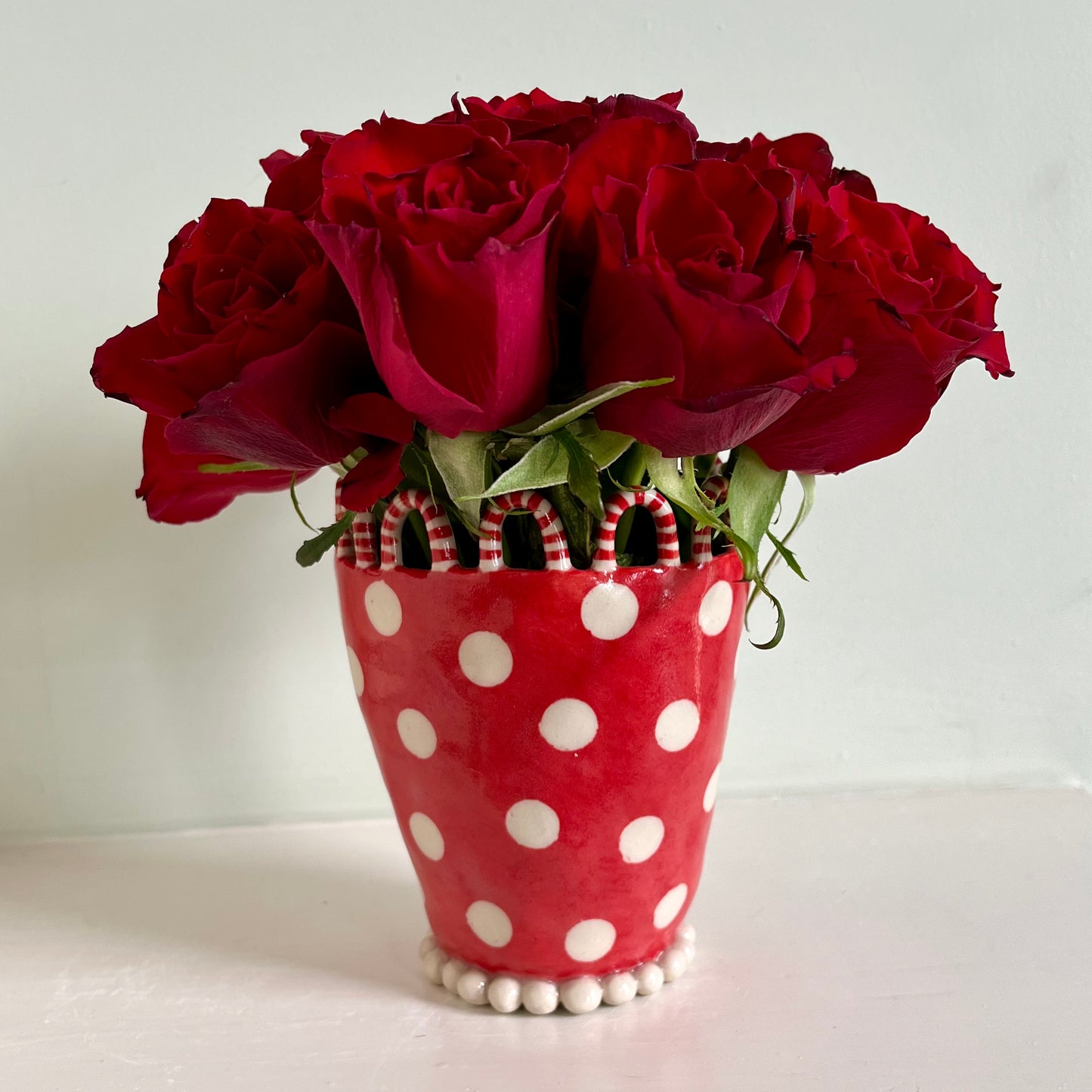White Spots on Red Lady with Red Stripy Hoops