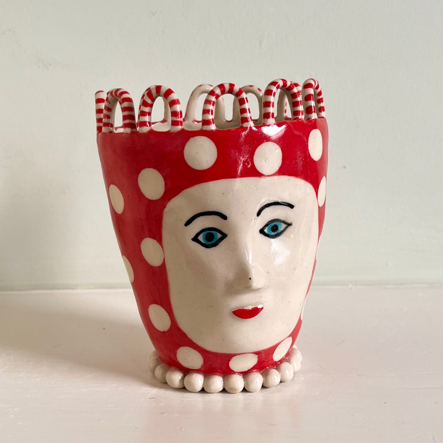 White Spots on Red Lady with Red Stripy Hoops