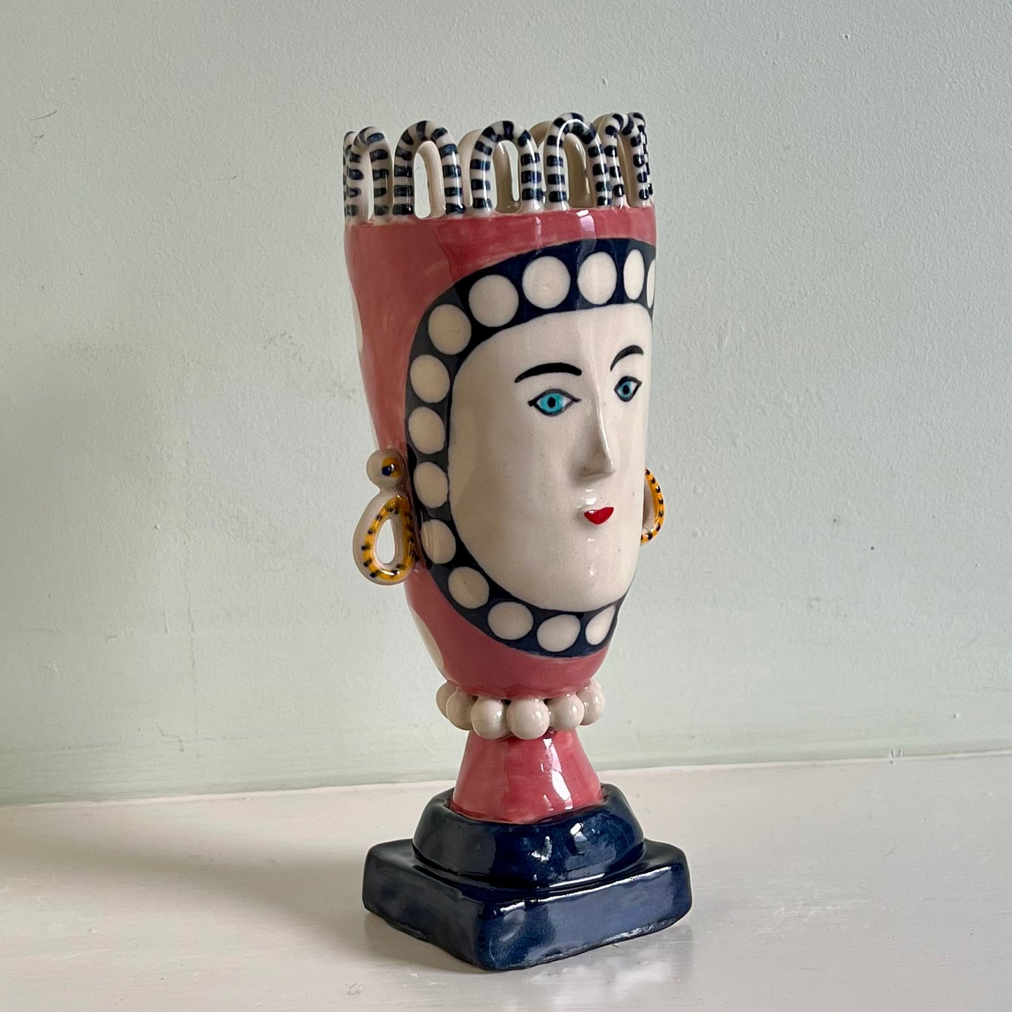 Raspberry Pink Tall Lady with White Spots and Earrings