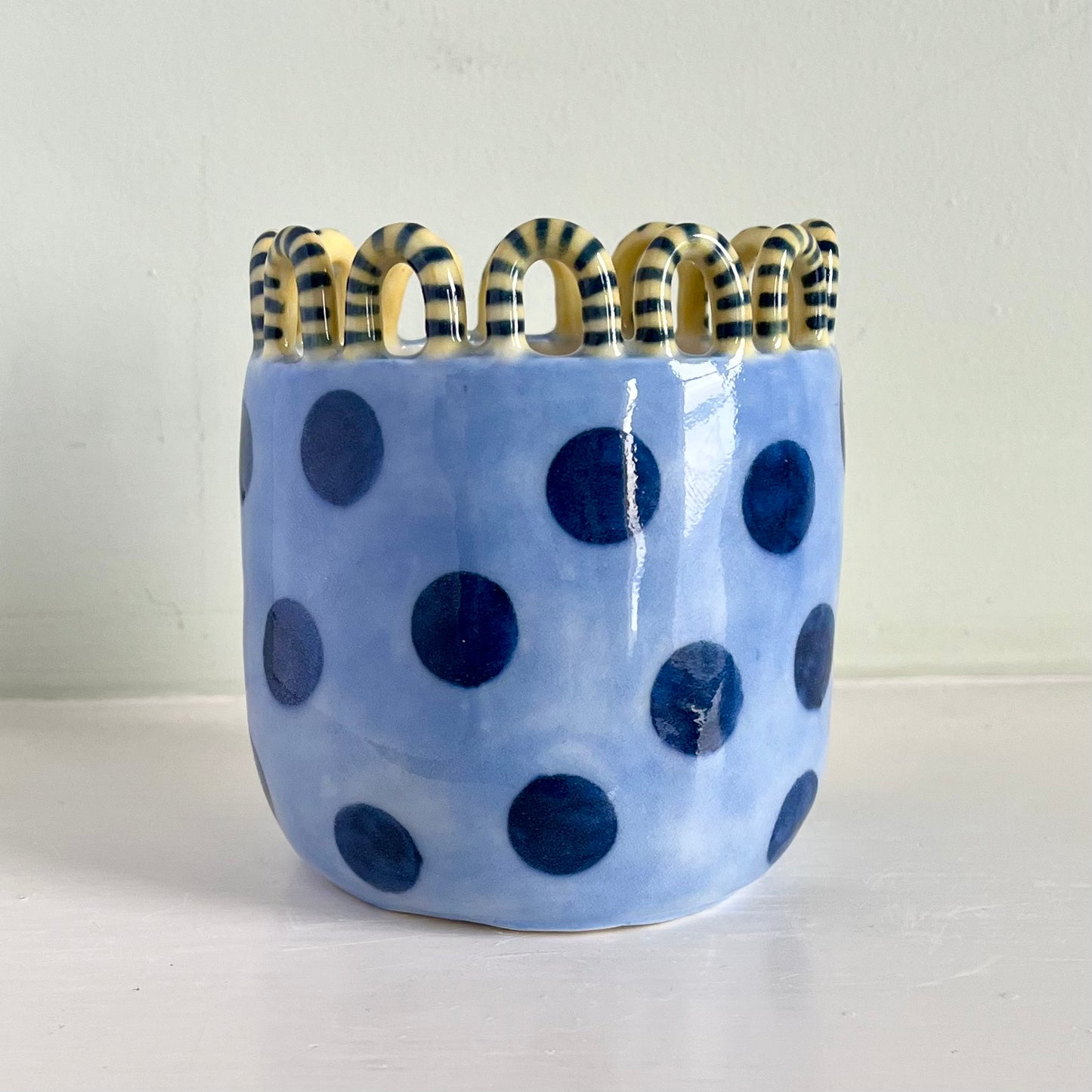 Porcelain Navy Blue Polka Dots on Baby Blue Head Pot
