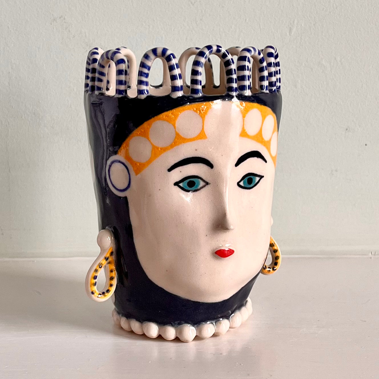 Navy and White Dots with Droplet Earrings and Pearls