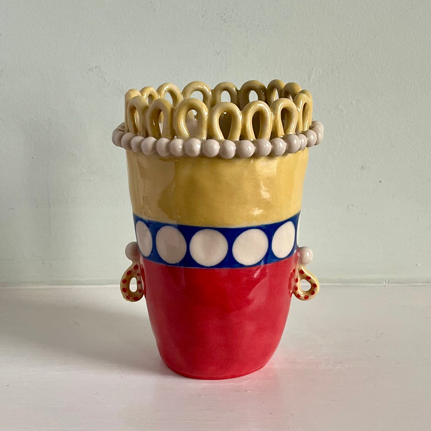 Red, Blue and Honeydew Yellow with Pearl and Droplet Crown