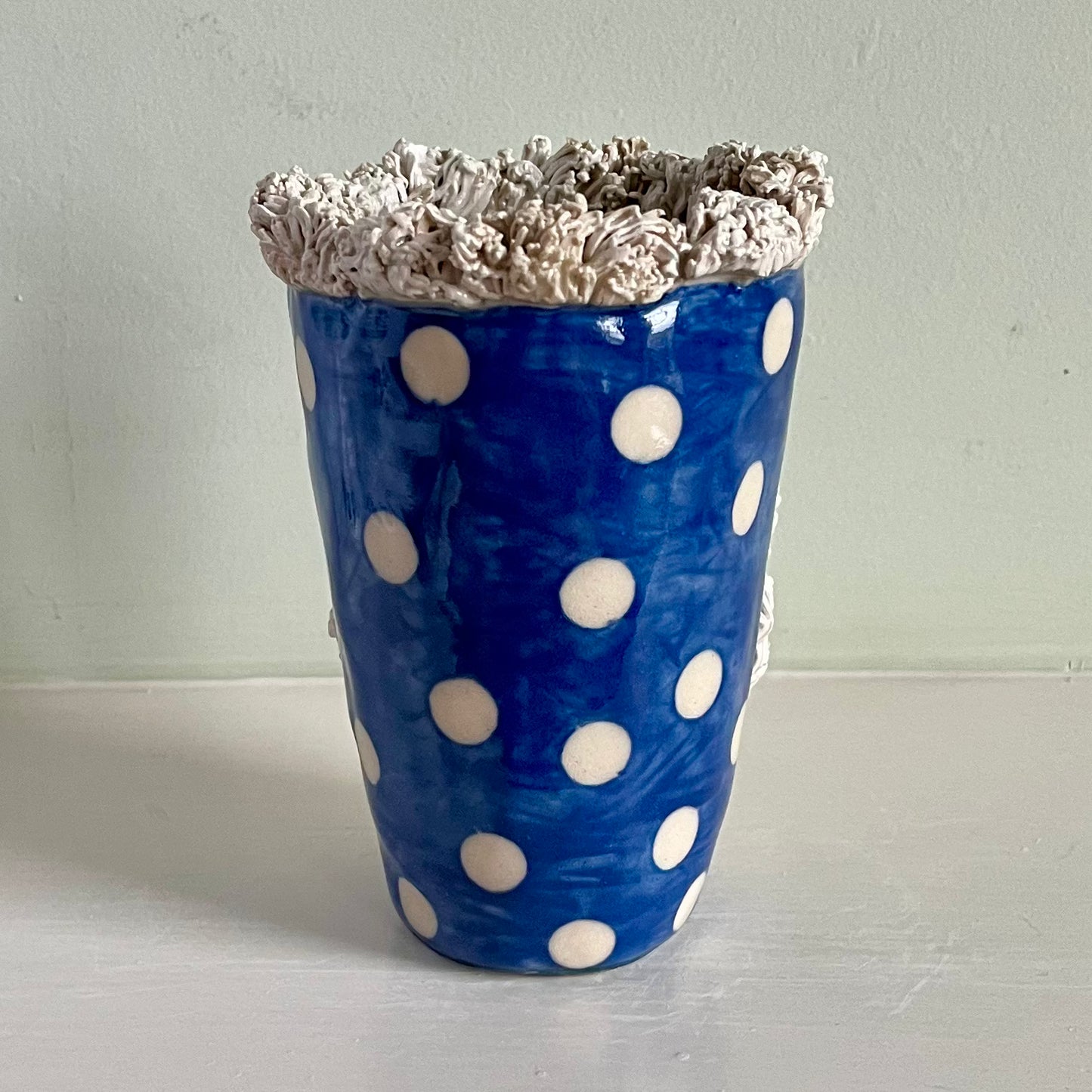 White Spots on Blue with Fur Hood and Crown