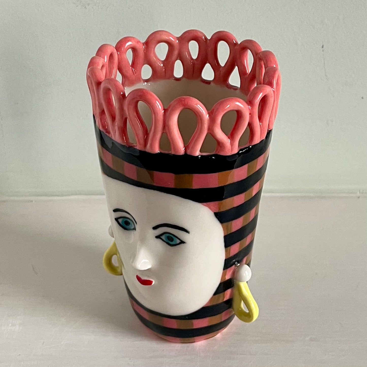 Black Striped Lady on Pink and Taupe with Pink Crown