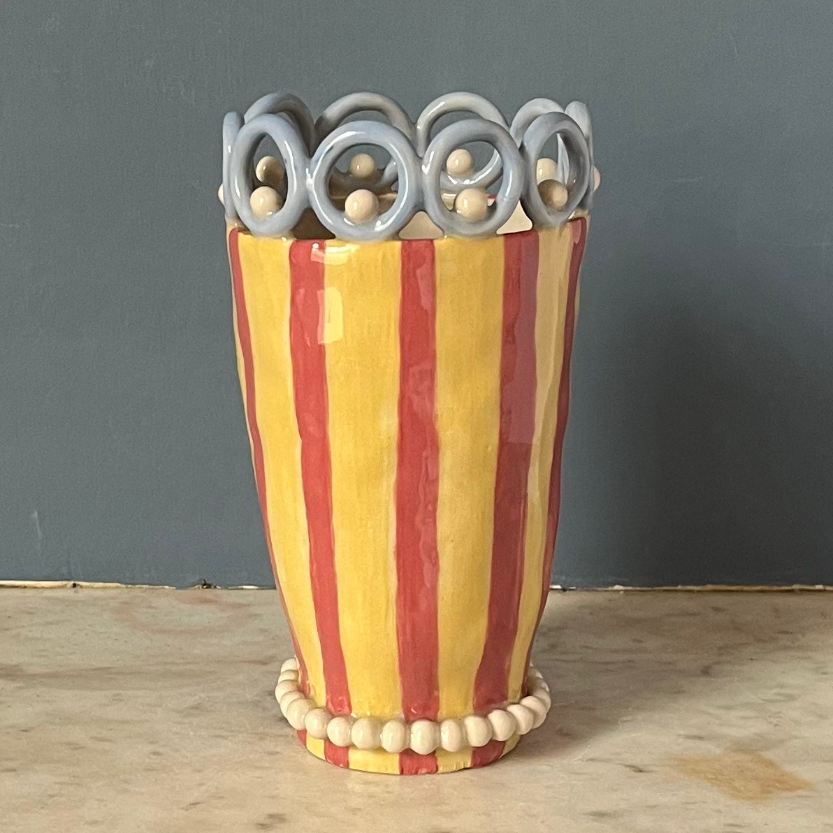 Pink and Yellow Stripes with Baby Blue Head Rings and Pearls