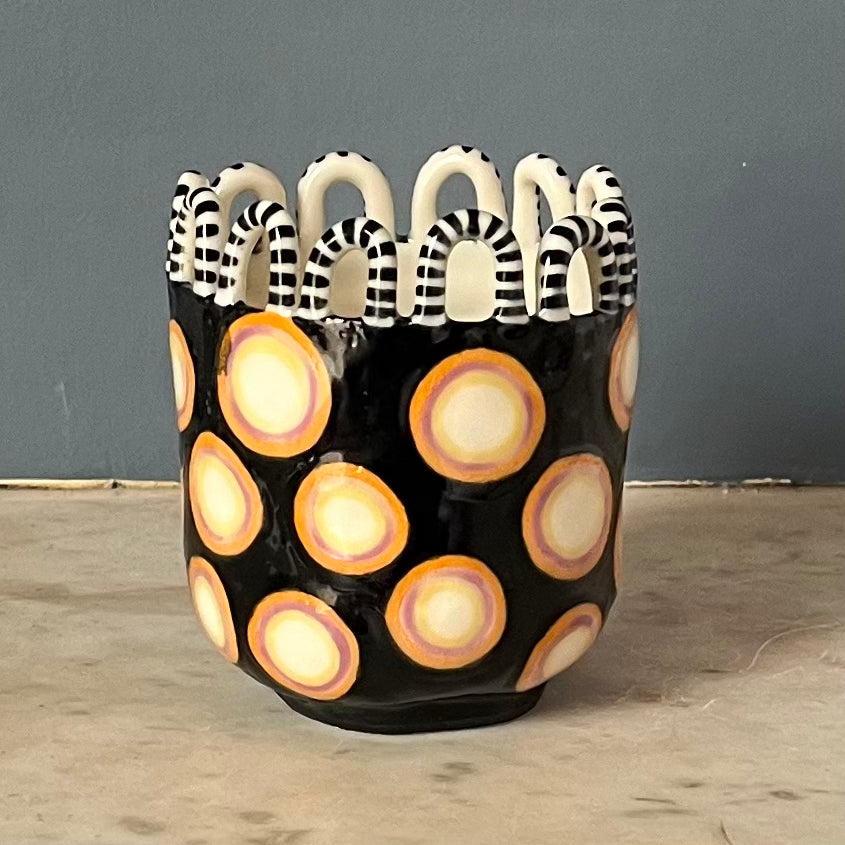 Porcelain Orange, Lilac and White Circles on Black