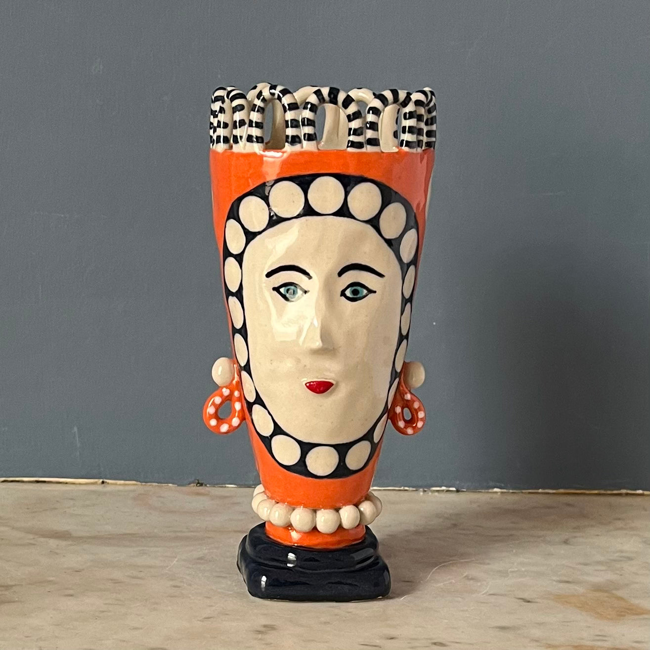 Orange and Blue, White Spot Lady with Pearl Necklace and Droplet Earrings