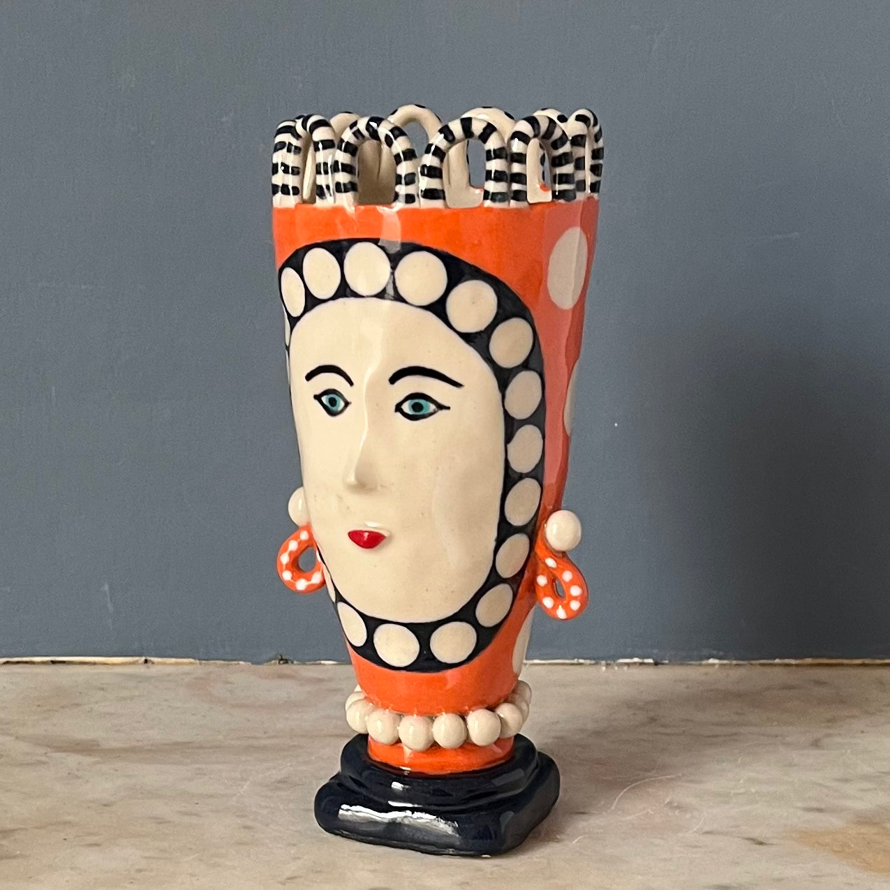 Orange and Blue, White Spot Lady with Pearl Necklace and Droplet Earrings