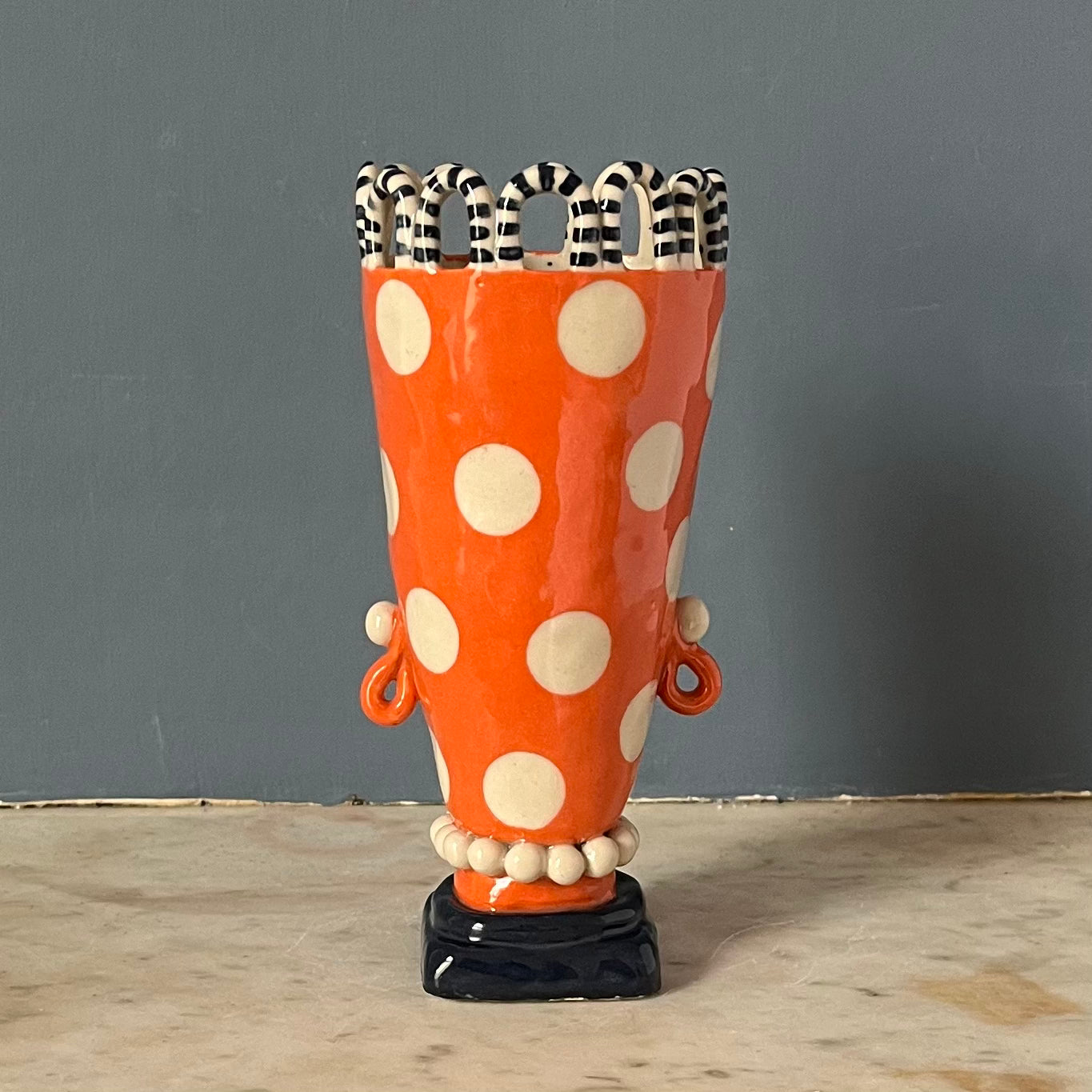 Orange and Blue, White Spot Lady with Pearl Necklace and Droplet Earrings