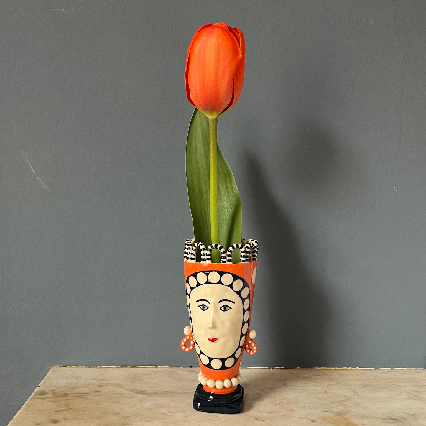 Orange and Blue, White Spot Lady with Pearl Necklace and Droplet Earrings