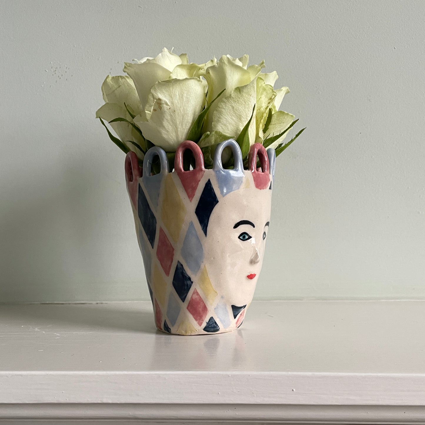 Harlequin Pink and Blue Loop Head Pot