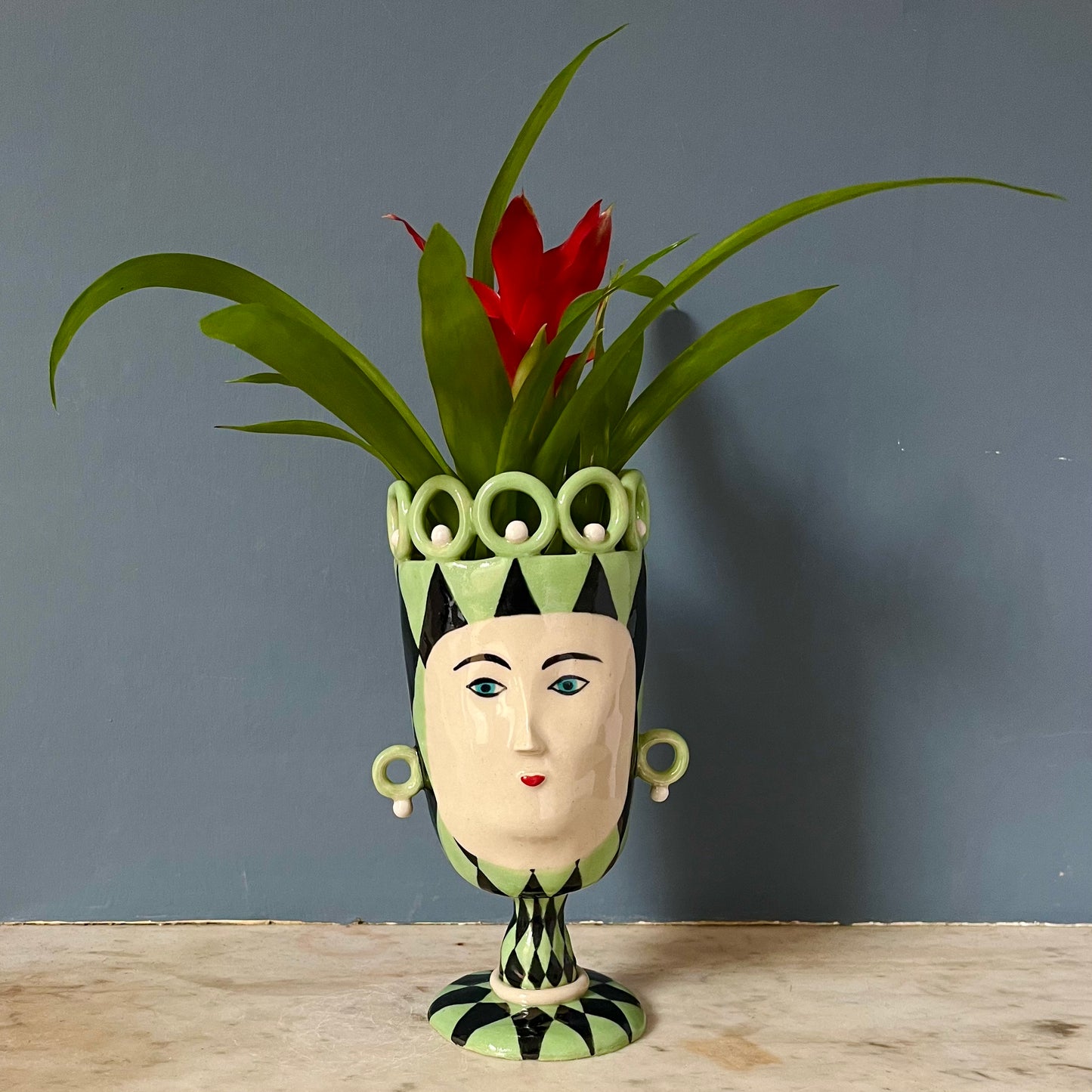 Parakeet Green and Black Harlequin Tall Lady with Pearly Ring Topped Crown