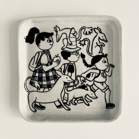 Three Siblings Walk to School with their Animal Friends plate