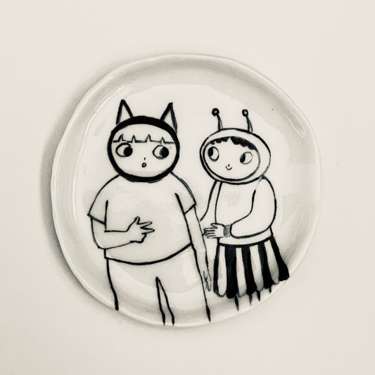 Cat and Caterpillar Playing Rock Paper Scissors plate