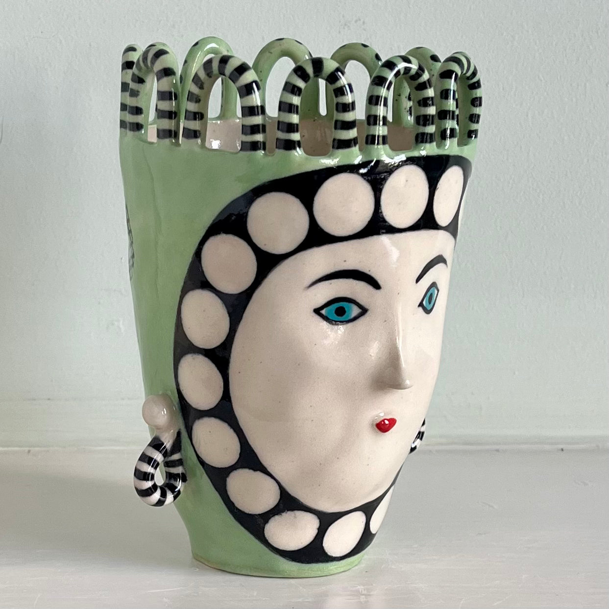 Parakeet Green Lady with White Spot Surround and Black Checkered Circles