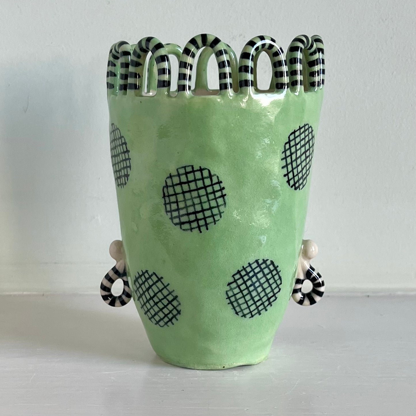 Parakeet Green Lady with White Spot Surround and Black Checkered Circles