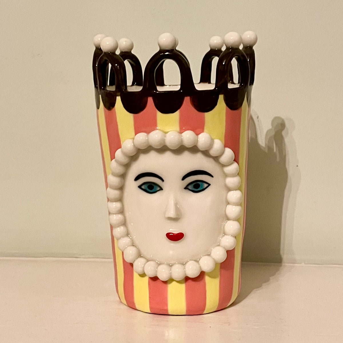 Pink and Yellow Striped and Chocolate Brown Scalloped Lady