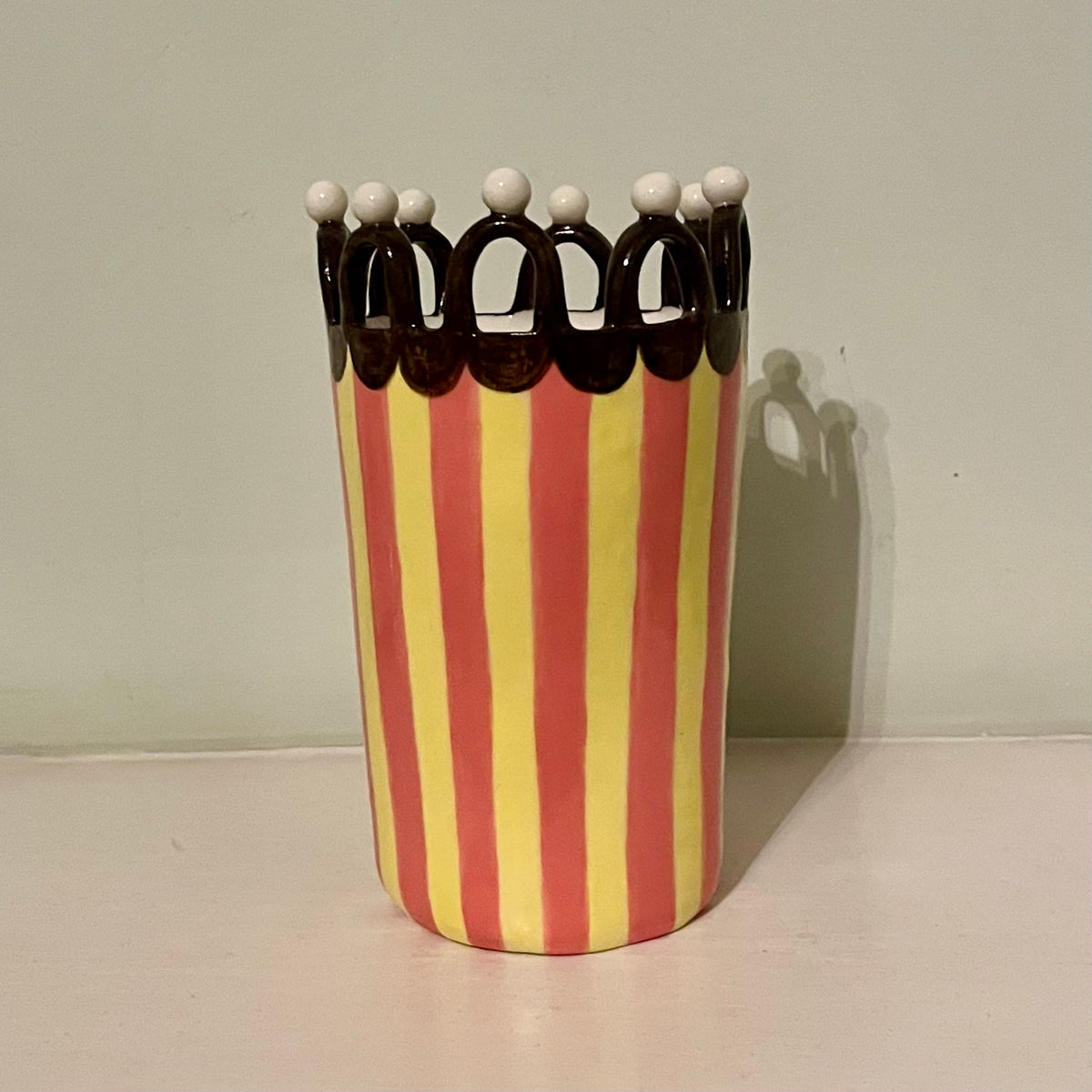 Pink and Yellow Striped and Chocolate Brown Scalloped Lady