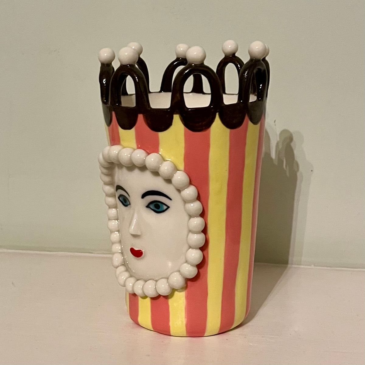 Pink and Yellow Striped and Chocolate Brown Scalloped Lady