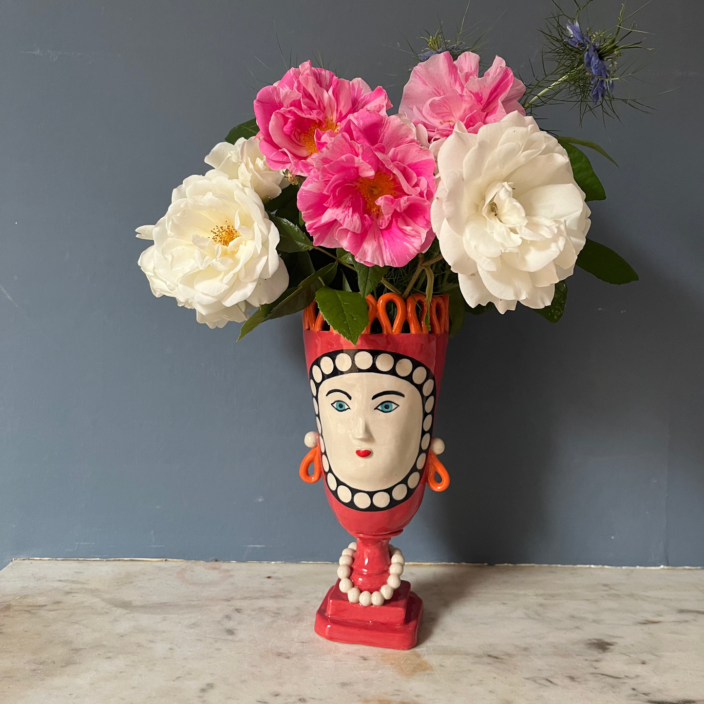 Red Tall Vase Lady with Pearl Necklace and Orange Crown