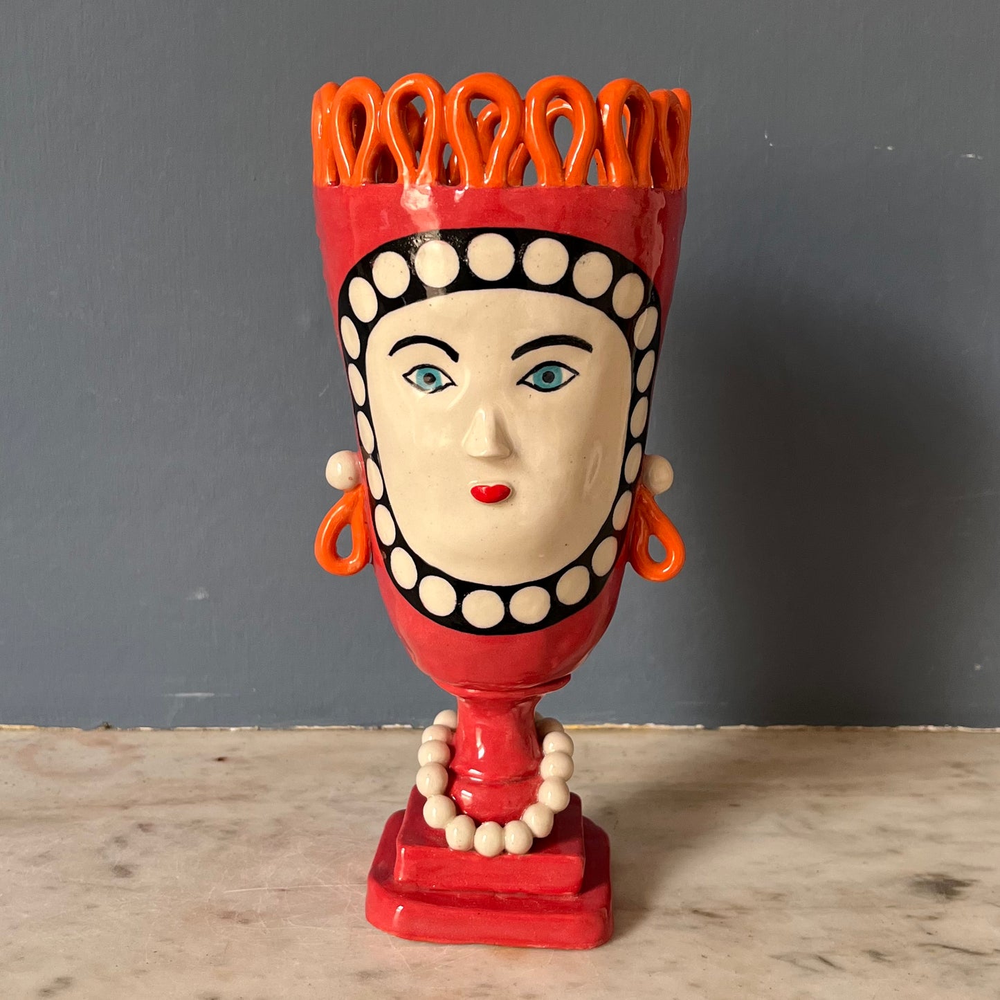 Red Tall Vase Lady with Pearl Necklace and Orange Crown