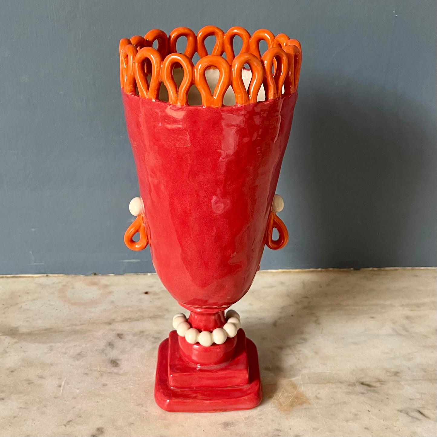 Red Tall Vase Lady with Pearl Necklace and Orange Crown