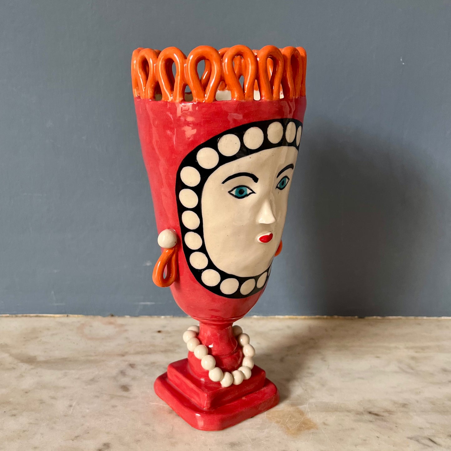 Red Tall Vase Lady with Pearl Necklace and Orange Crown