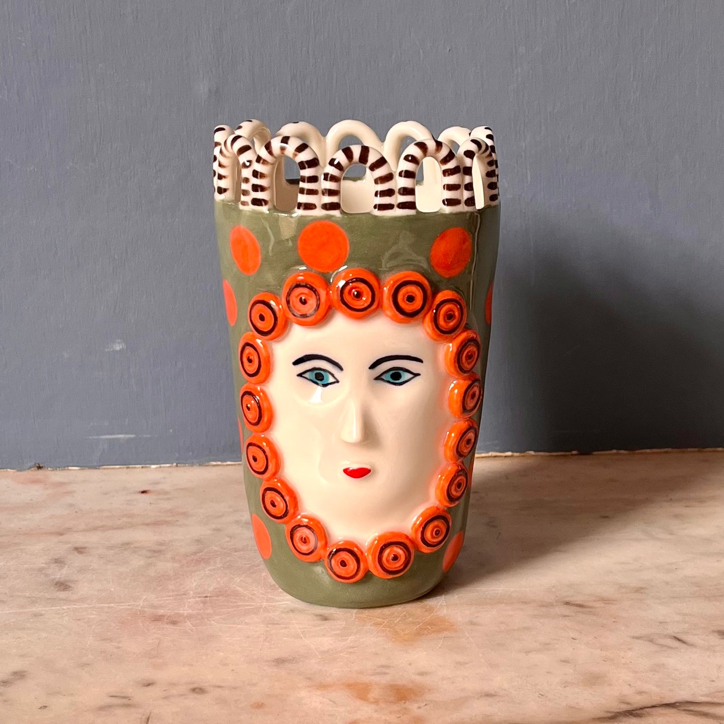 Orange Dots on Cactus Green Lady with Cinnamon Swirl Surround