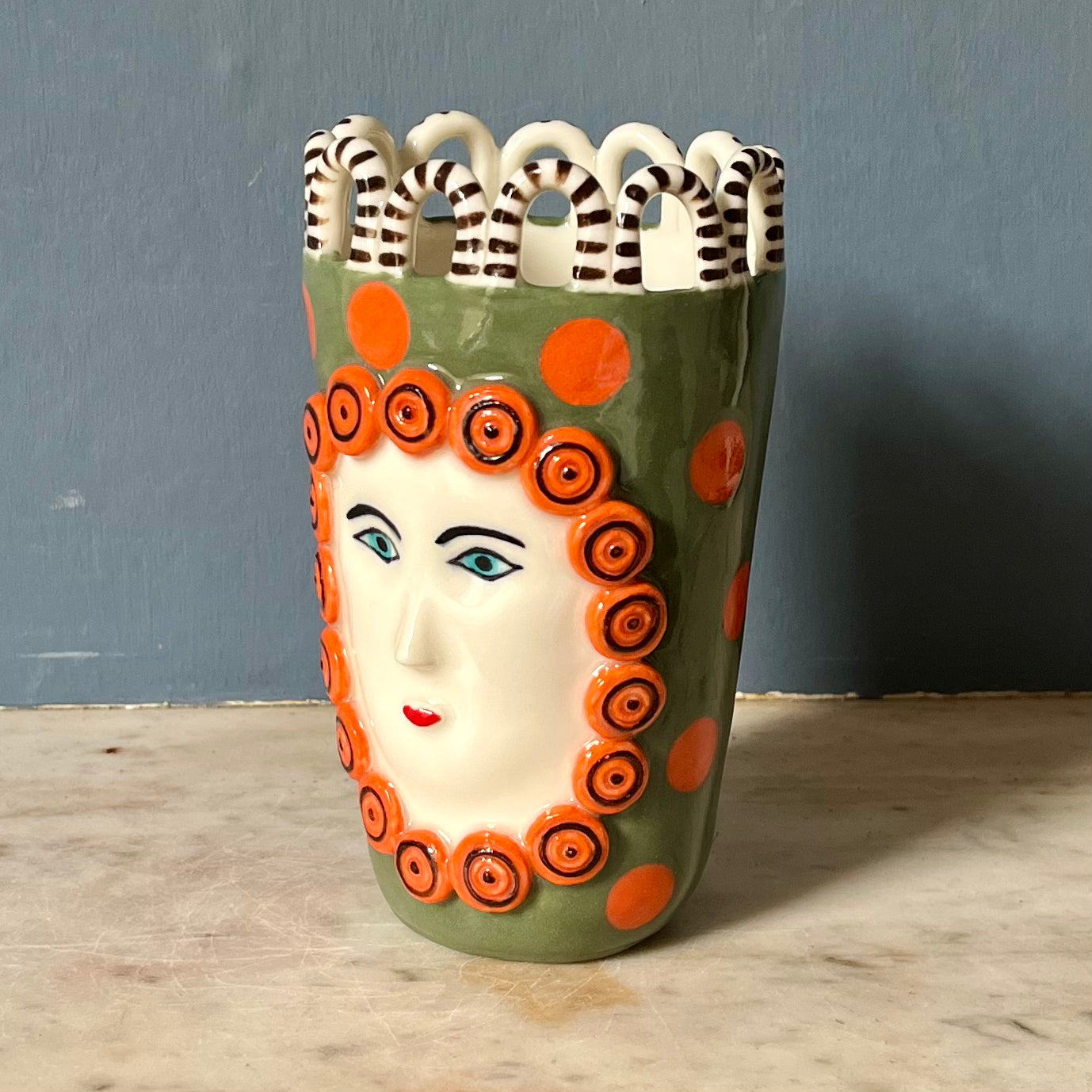 Orange Dots on Cactus Green Lady with Cinnamon Swirl Surround