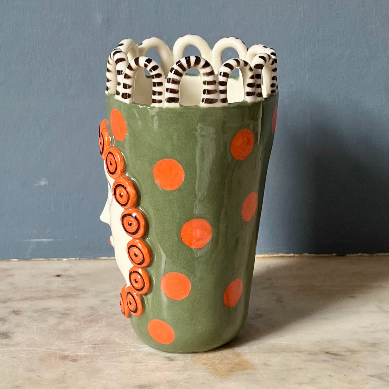 Orange Dots on Cactus Green Lady with Cinnamon Swirl Surround