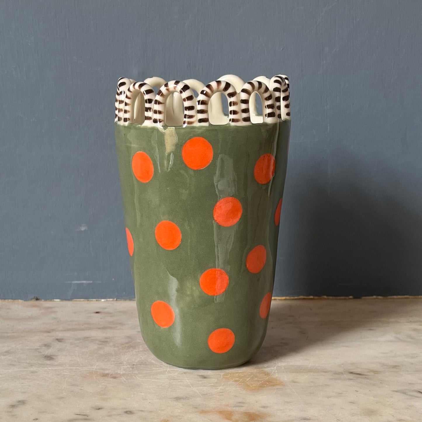 Orange Dots on Cactus Green Lady with Cinnamon Swirl Surround