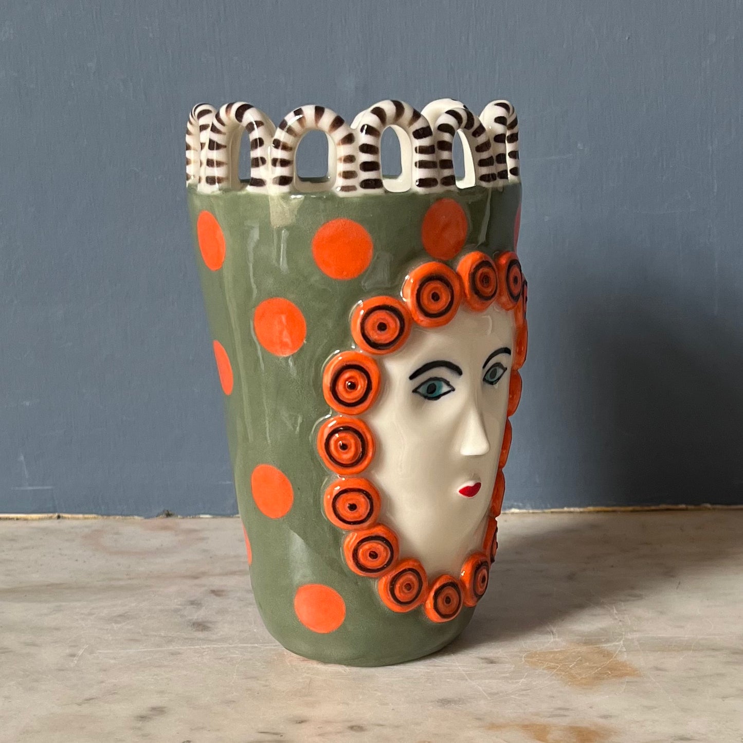 Orange Dots on Cactus Green Lady with Cinnamon Swirl Surround