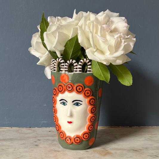 Orange Dots on Cactus Green Lady with Cinnamon Swirl Surround