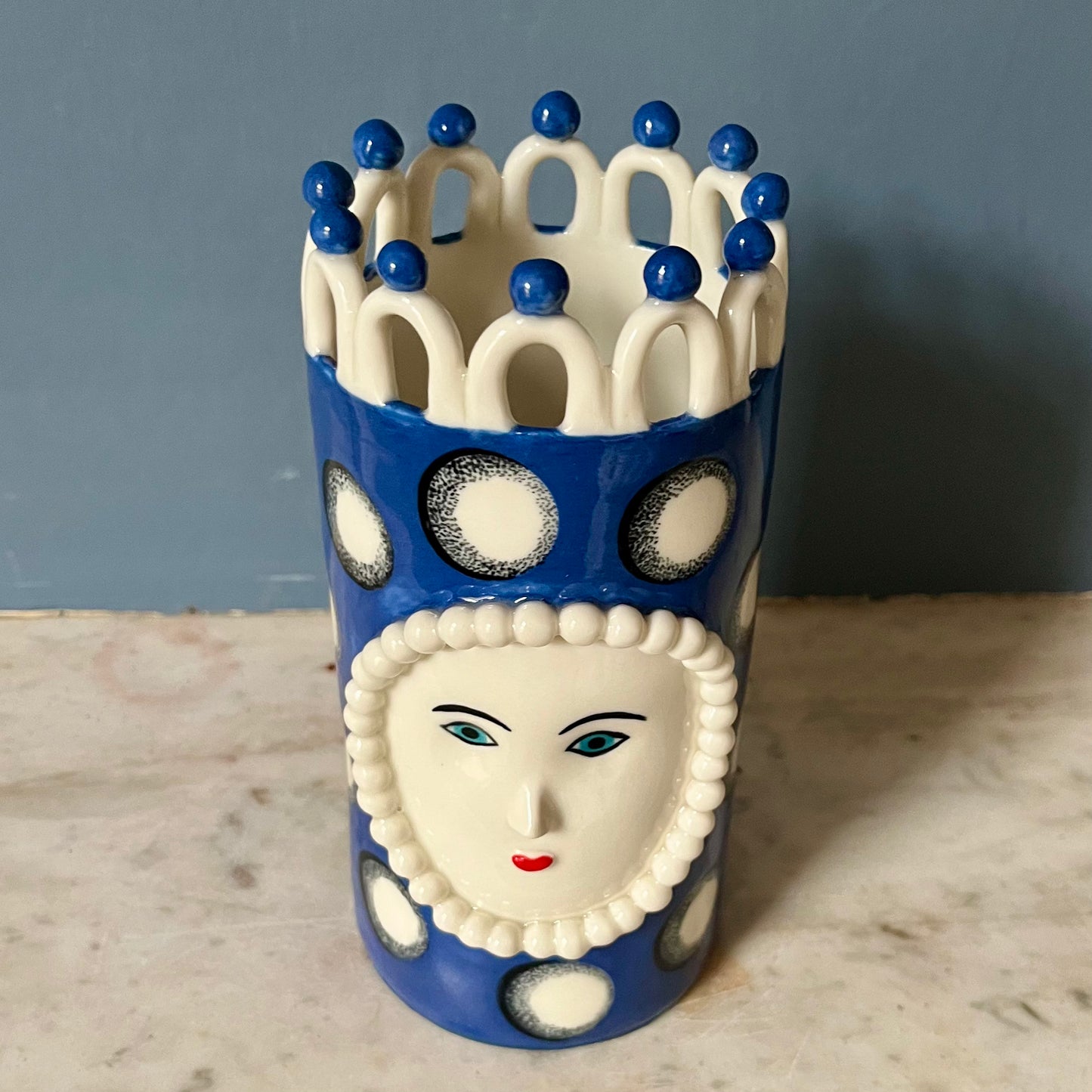 Royal Blue with White Orbs Lady with White Looped Crown