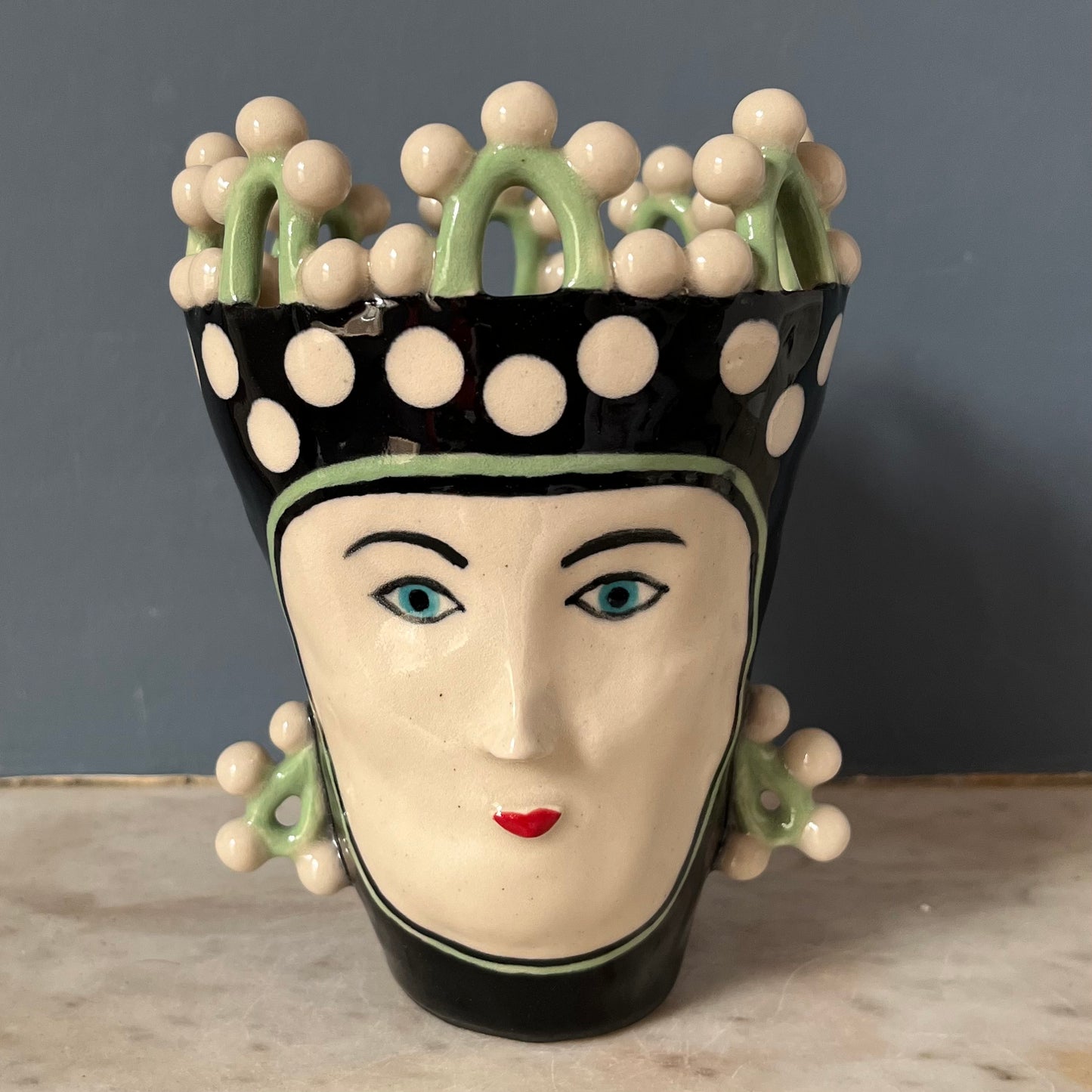 White Spots on Black with a Green Pearly Ball Looped Crown