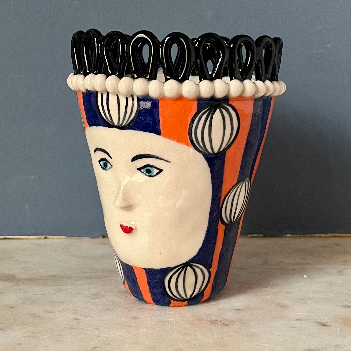 Black Droplet Crown with Painted Baubles on Orange and Blue Stripes