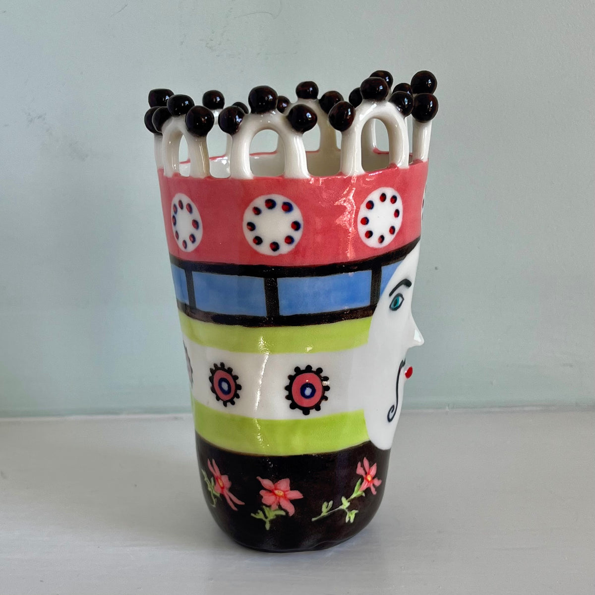 Flowers and Cogs Lady on Pastel Stripes