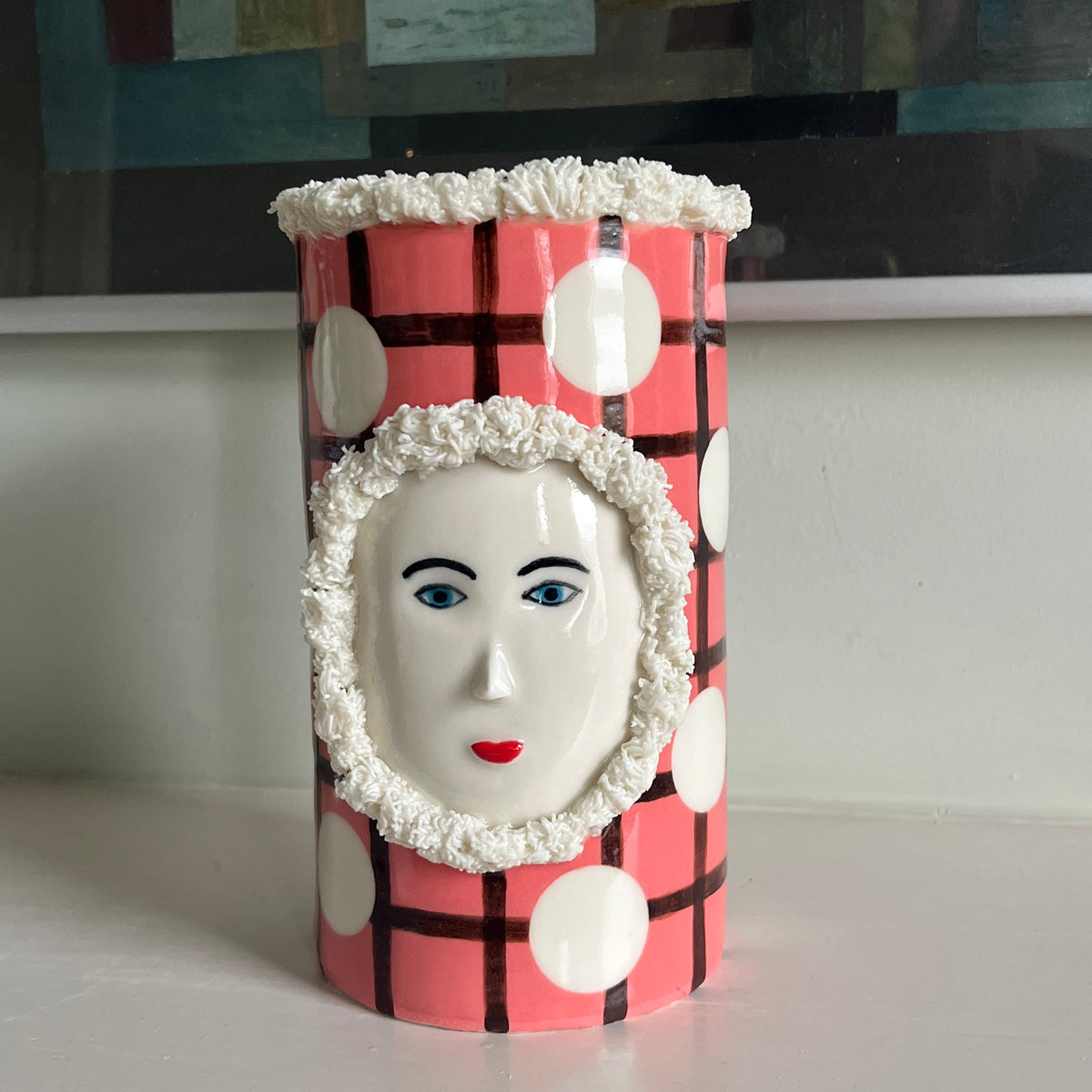 Large Pink and Brown Grid Vase with Fur Hood and Crown