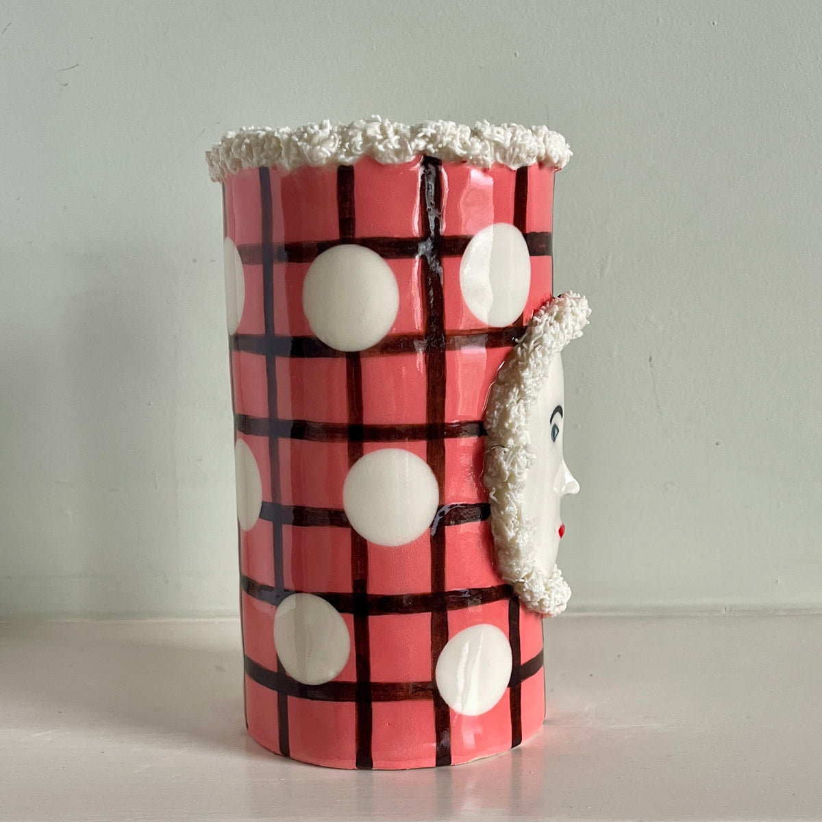 Large Pink and Brown Grid Vase with Fur Hood and Crown